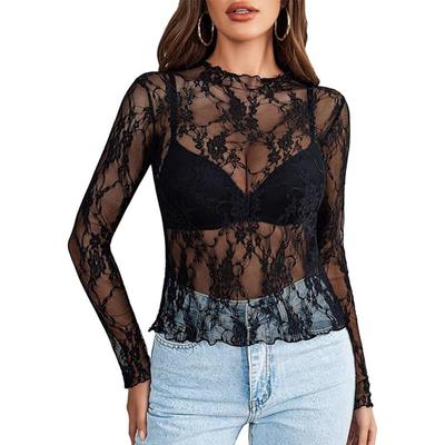 Women's Mesh Top Long Sleeve Mock Neck Sheer Blouse See Through Floral Lace Tops