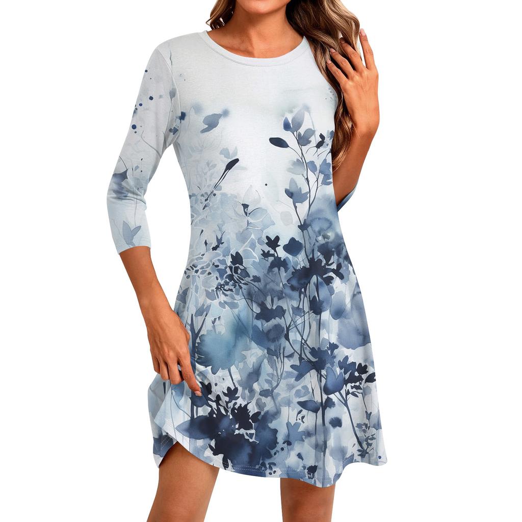 Women's Fashion Casual Print Round Neck Three-quarter Sleeve Short Dress