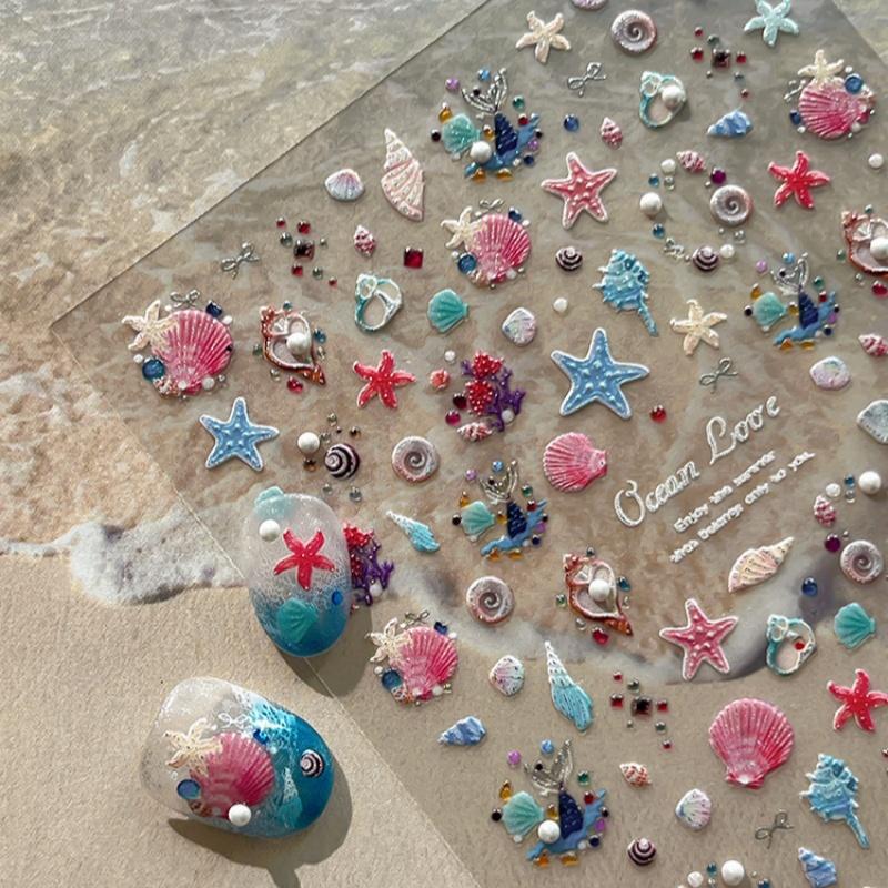 Relief Shell Starfish Nail Stickers Cute Starfish Decorative Stickers For Nails Diy 3D Self Adhesive Summer Nail Decals