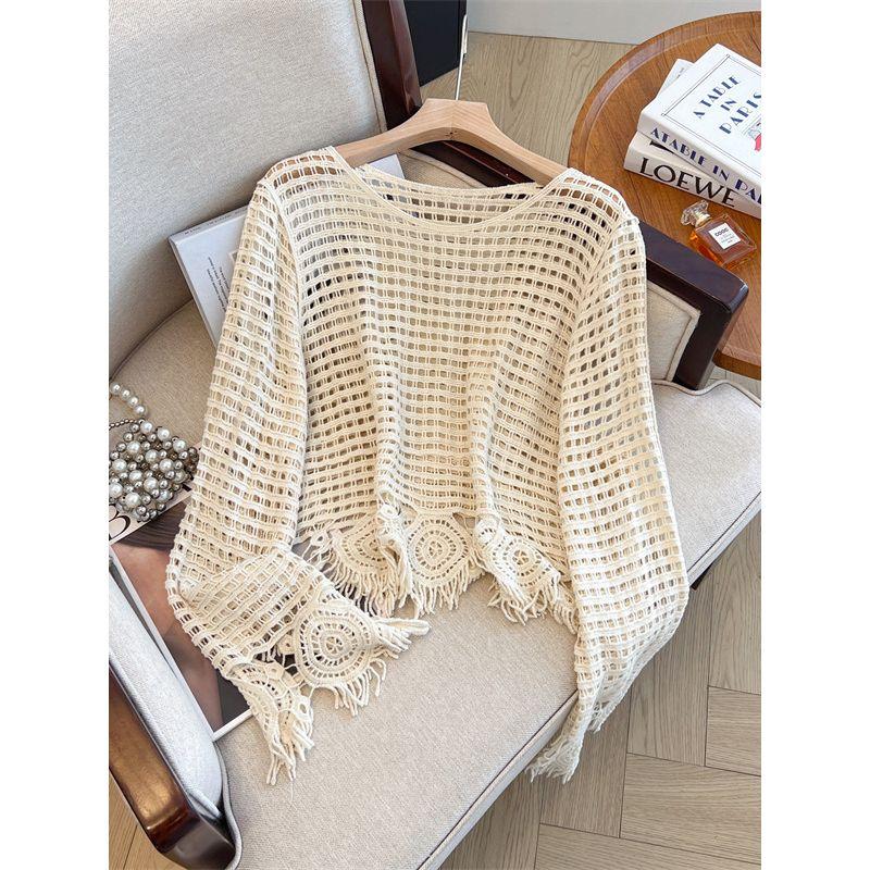 Women Clothing Chubby Girl Spring and Summer New Round Neck Hollow Out Crochet Cover Up Meat Covering Airable Shirt Knitted Sun Protection Clothing