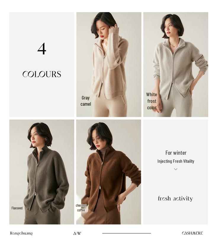 Women's Long Sleeve Cashmere Knit Zipper Cardigan - Cozy Lapel Sweater Outerwear