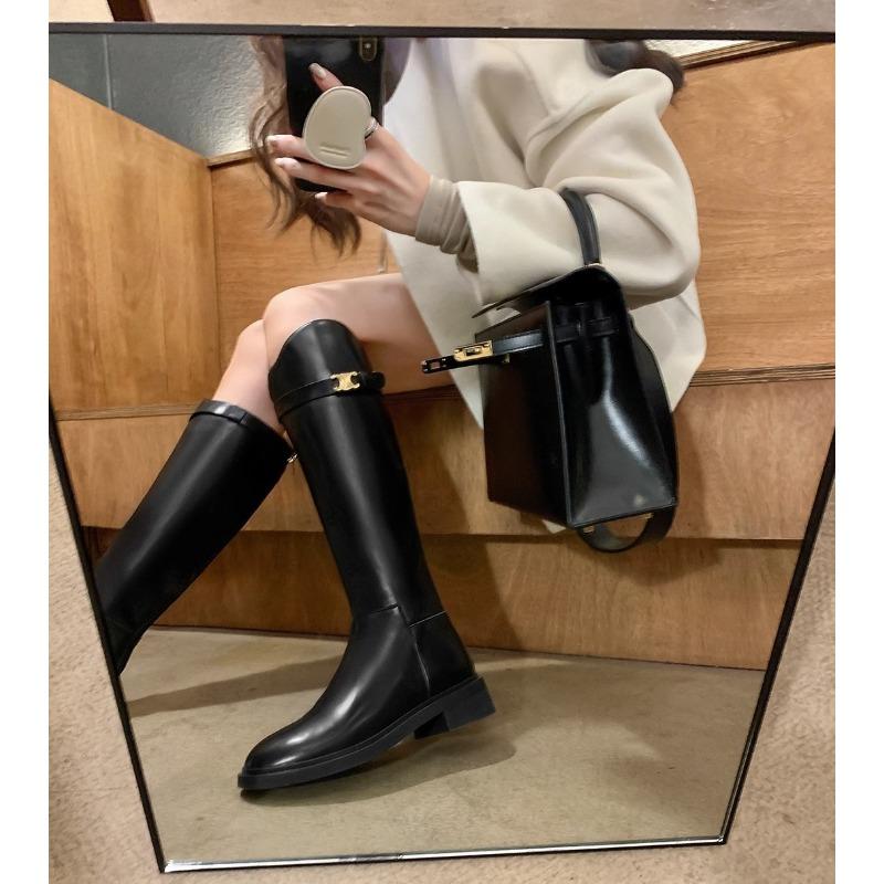 Cowhide Leather Slant Boots Buckle Thick Heel High Knight Boots Women's Boots