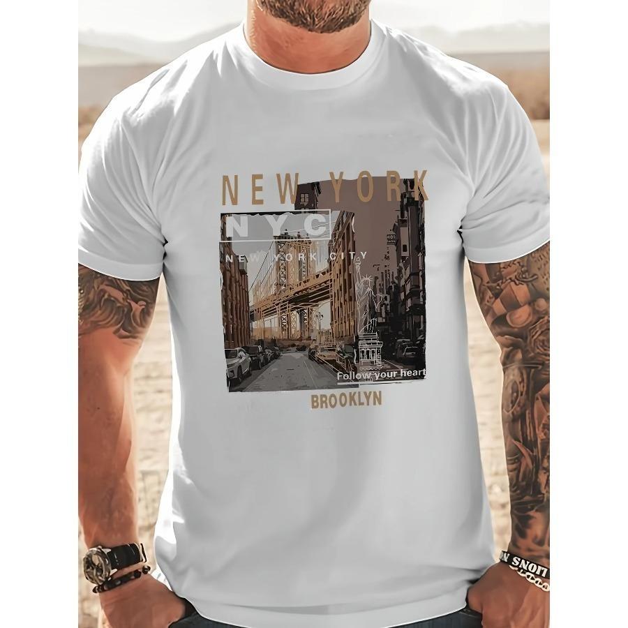 Herr 100% bomull sommar lös passform vardaglig New York-tryck rund hals kortärmad T-shirt topp O-hals Pactwork Vardags-T-shirt