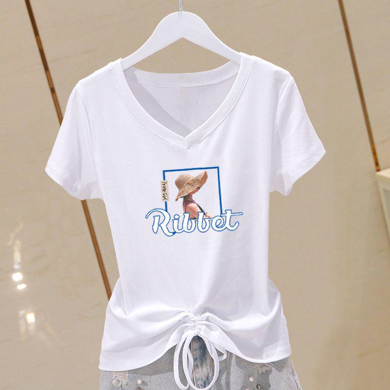 

Женский летний хлопковый топ с V-образным вырезом и короткими рукавами 2025: Универсальный, Большого размера, Моделирующий дизайн с кулиской. 2XL