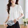 GMXIA Women's Summer White Short Sleeve Shirt Pressure Pleated Vintage Plate Button Chiffon Blouse Top