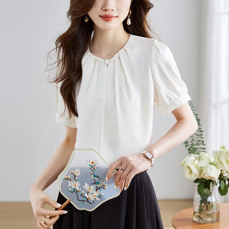 GMXIA Women's Summer White Short Sleeve Shirt Pressure Pleated Vintage Plate Button Chiffon Blouse Top