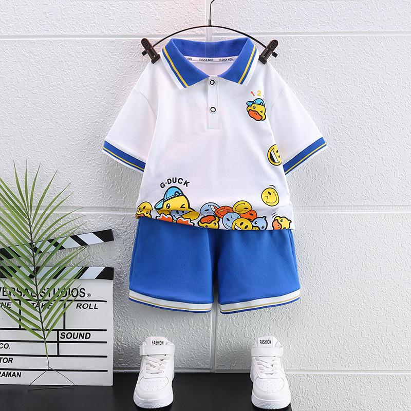 Adorable Yellow Duck Boys Short Sleeve Polo Shirt Set Summer Fashionable Kids Outfits For Ages 3 To 8 With Soft Cotton Fabric