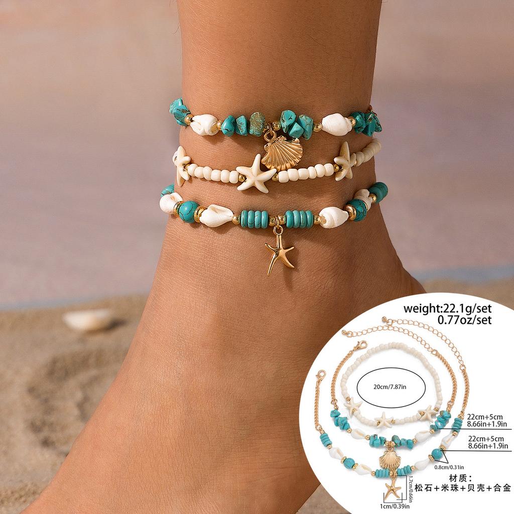 Bohemian Shell Starfish Beaded Anklets Set for Women Fashion Summer Beach Sea Shell Multilayer Chain Ankle Jewelry