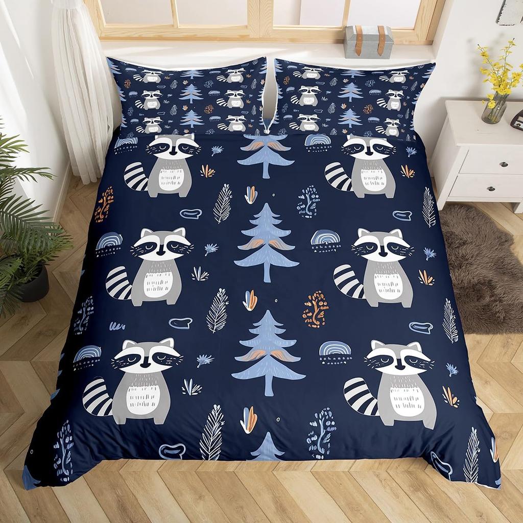 Waschbär Bettwäsche-Set für Jungen Kinder Mädchen Niedlicher Cartoon Wildtiere Bettbezug Liebevolle Tiere Bettdeckenbezug Polyester Steppdeckenbezug