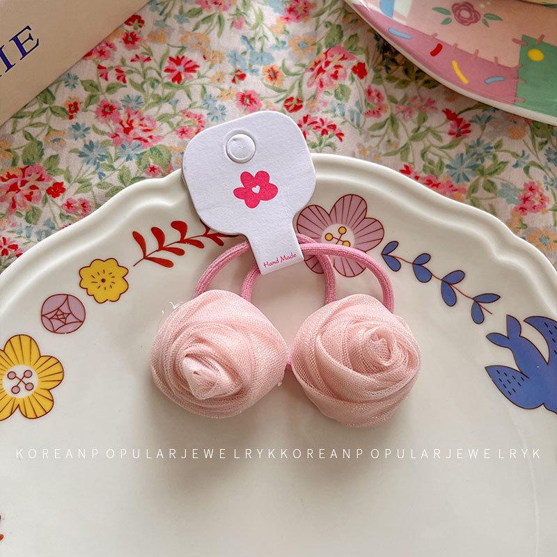 Set elastic de păr cu strasuri trandafir dulce: Accesoriu pentru Coadă de Cal cu Dantelă Elastică Înaltă cu Flori pentru Copii