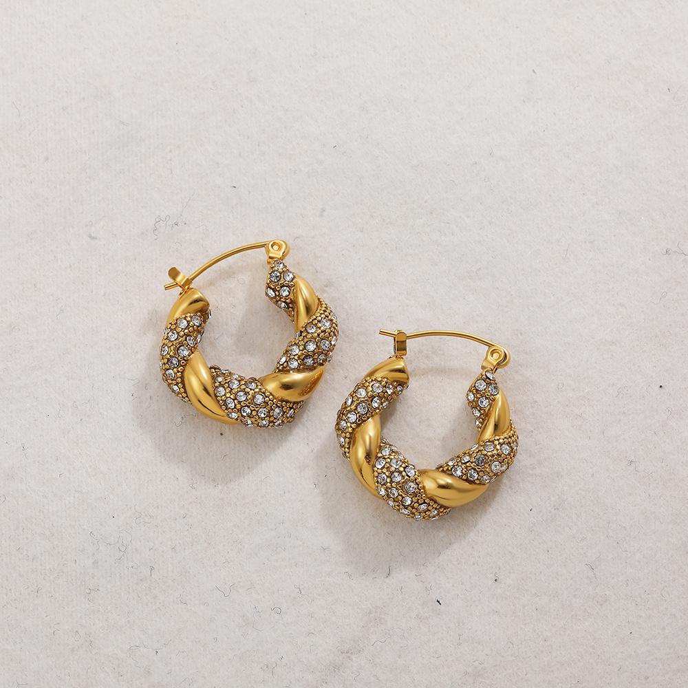 

Vintage Gold Plated Stainless Steel Twist Hoop Earrings for Women Fashion Pearl Zircon Twisted Circle Earring Statement Zircon
