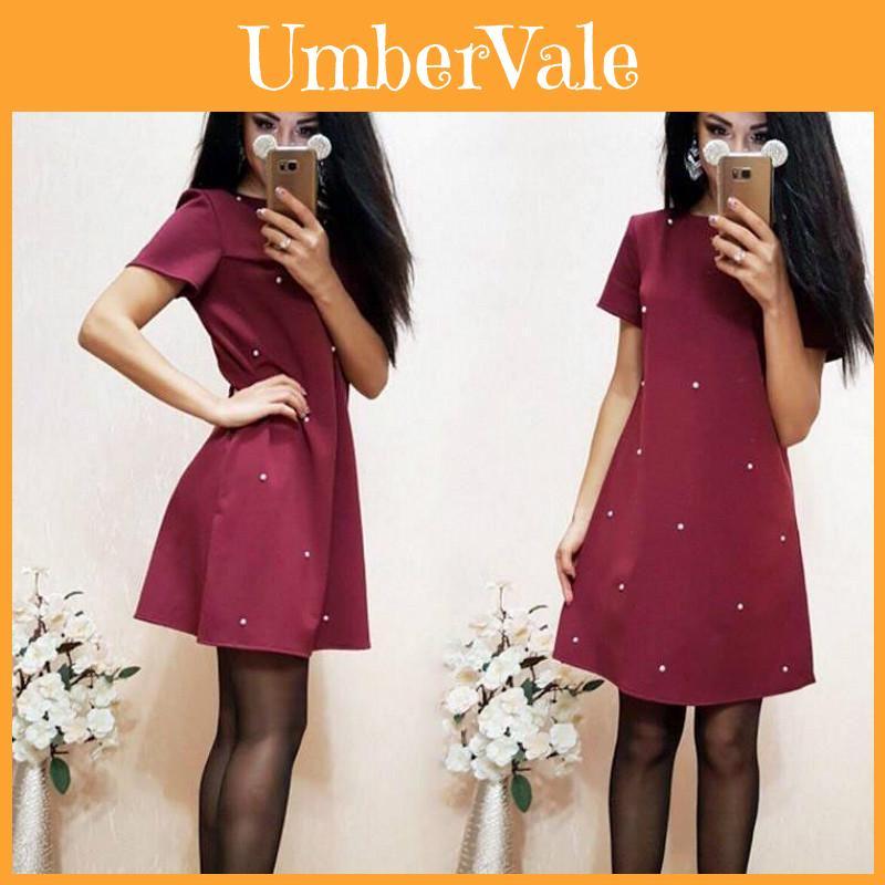Elegant Casual O Neck Short Sleeve A-line Dress With Studded And Beaded Accents