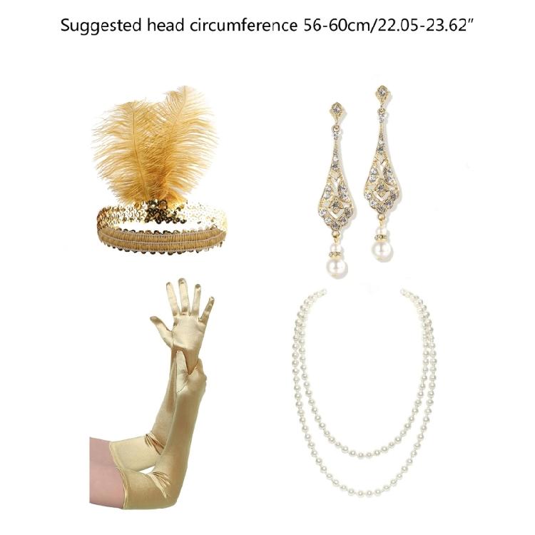 Girl Feather Headband Medieval Etiquettes Gloves with Earring&Pearl Necklace Set