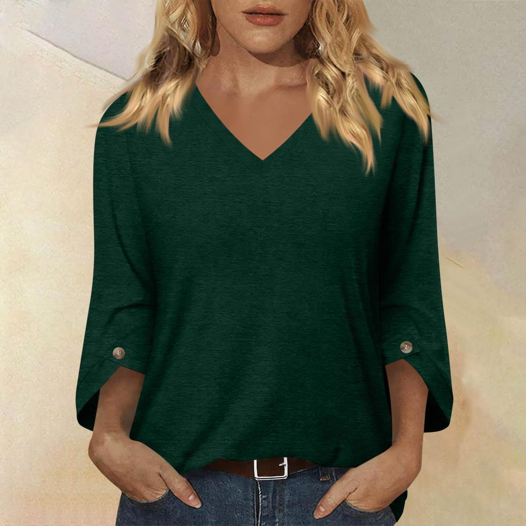 Womens V Neck Three Quarter Sleeve Blouse Loose Fit Button Lightweight Pullover Top for Casual Office Wear