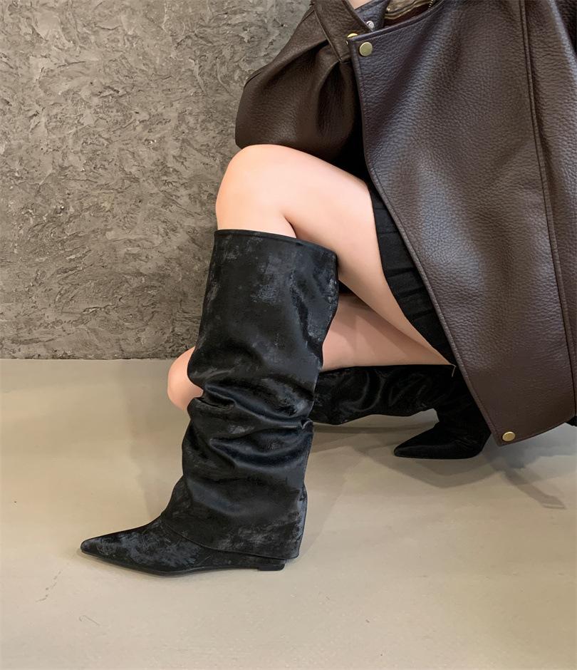 Vintage Black Pointed Folds Spice Girls High Heel Boots Women's Wedge Heel But Knee Straight Boots High Pants Boots
