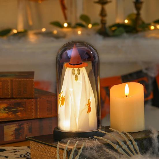 Yousheng Halloween Ghost Decor Light Up Ghost in Glass Cloche with Wood Base Cute Ghost Night Light Decoration for Table Shelf Fireplace Room Decor