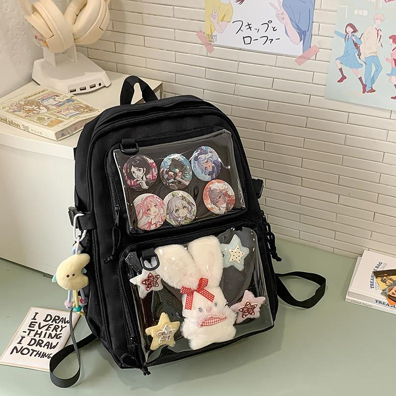 Simple Solid Color Large Capacity Student Backpack With Pendant Badge And