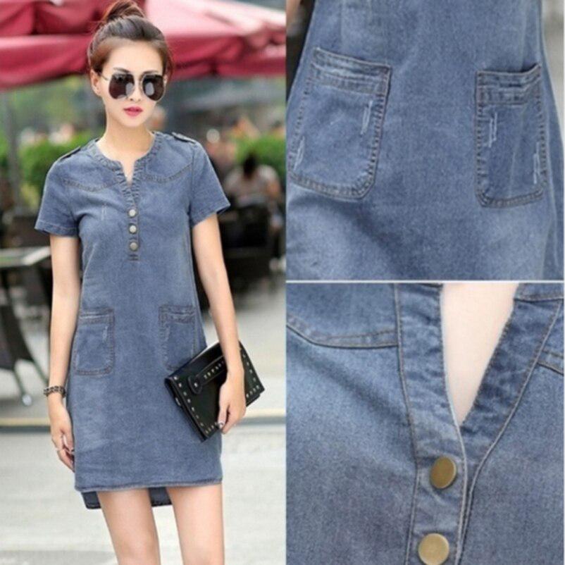 Frauen Casual Slim V-ausschnitt Büro Hemd Jeans Plus Größe Denim Kleid Vestidos Robe