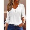 Women's Solid V-Neck Jacquard Button-Down Long Sleeve T-Shirt