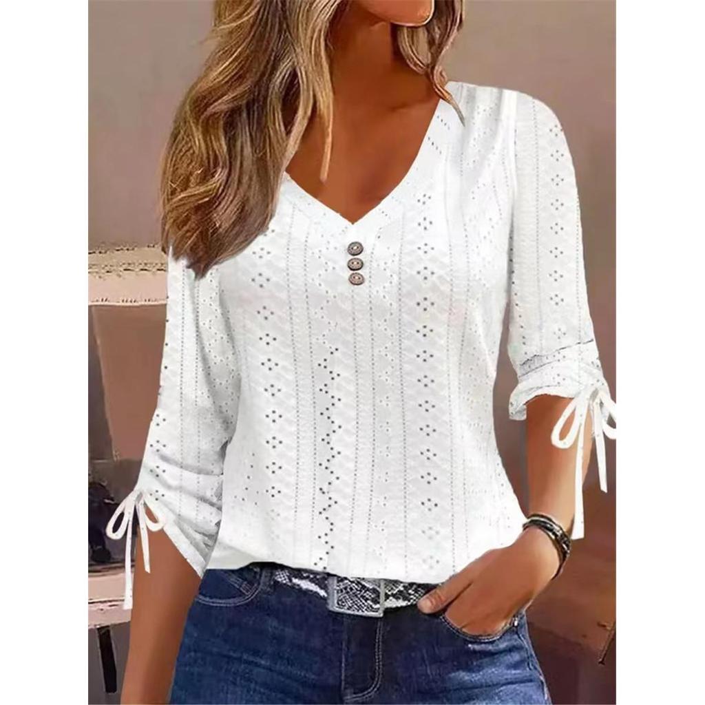 Women's Solid V-Neck Jacquard Button-Down Long Sleeve T-Shirt