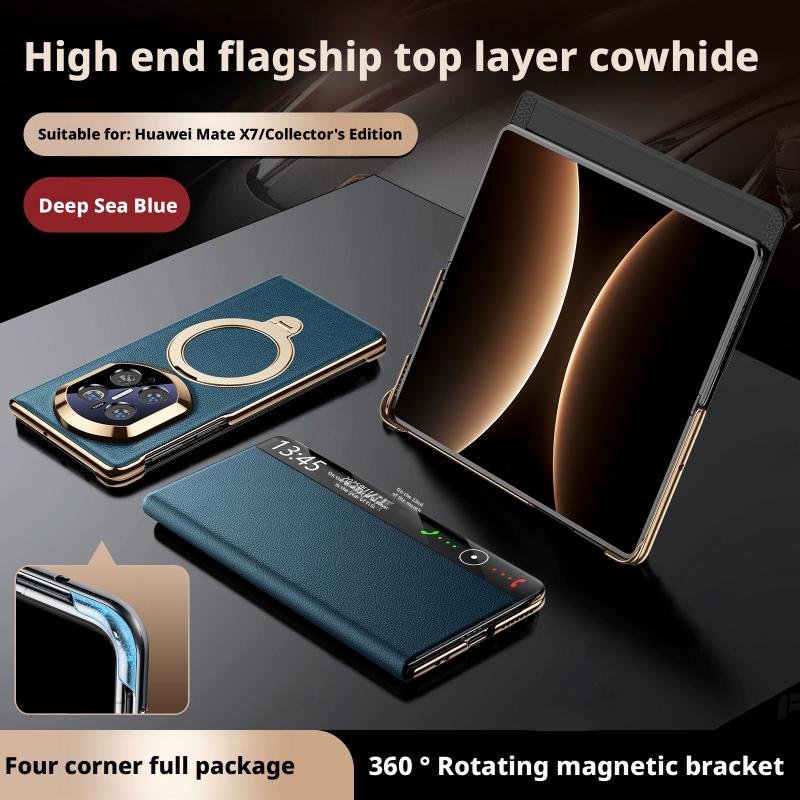 Premium Genuine Leather Magnetic Case For Huawei Mate X7 X6 X5 Smart Touch View No Flip For Answering Rotating Bracket Cover