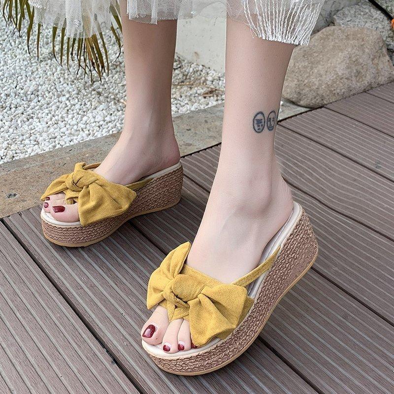 Summer new bow thick bottom slope heel cool slippers wear one-character bow slippers