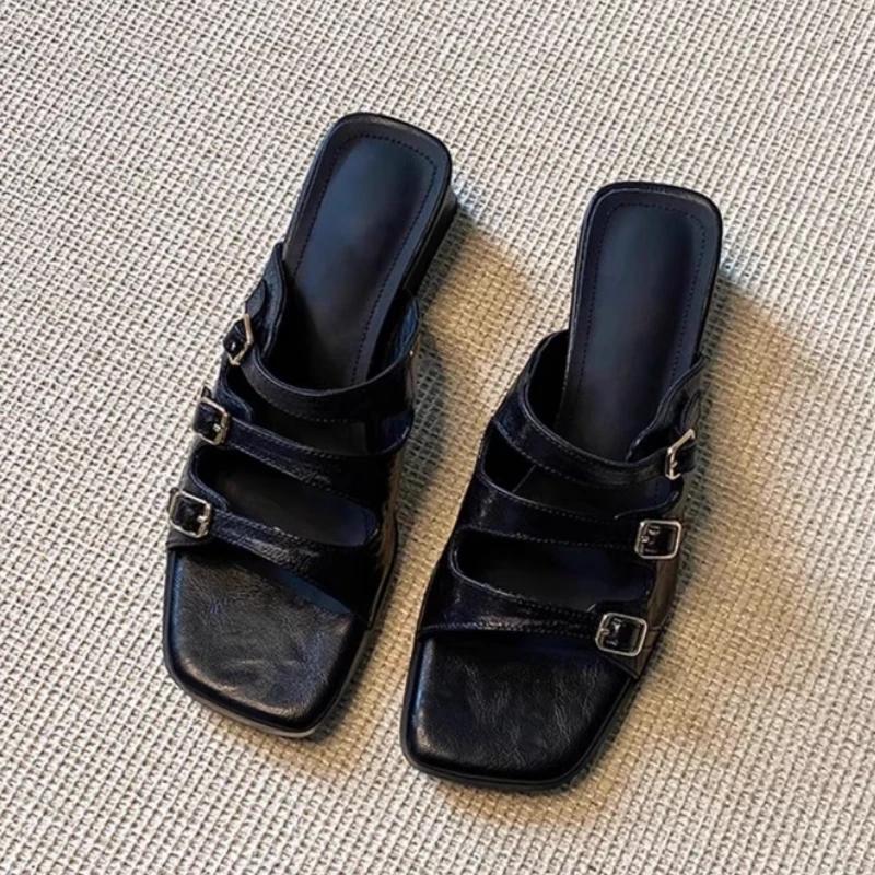 Fashion Women Slippers Fashion Square Toe Heeled Sandals Summer New Mid Heels Woman Shoes 2025 Casual Flip Flops Slides Mujer Zapatos