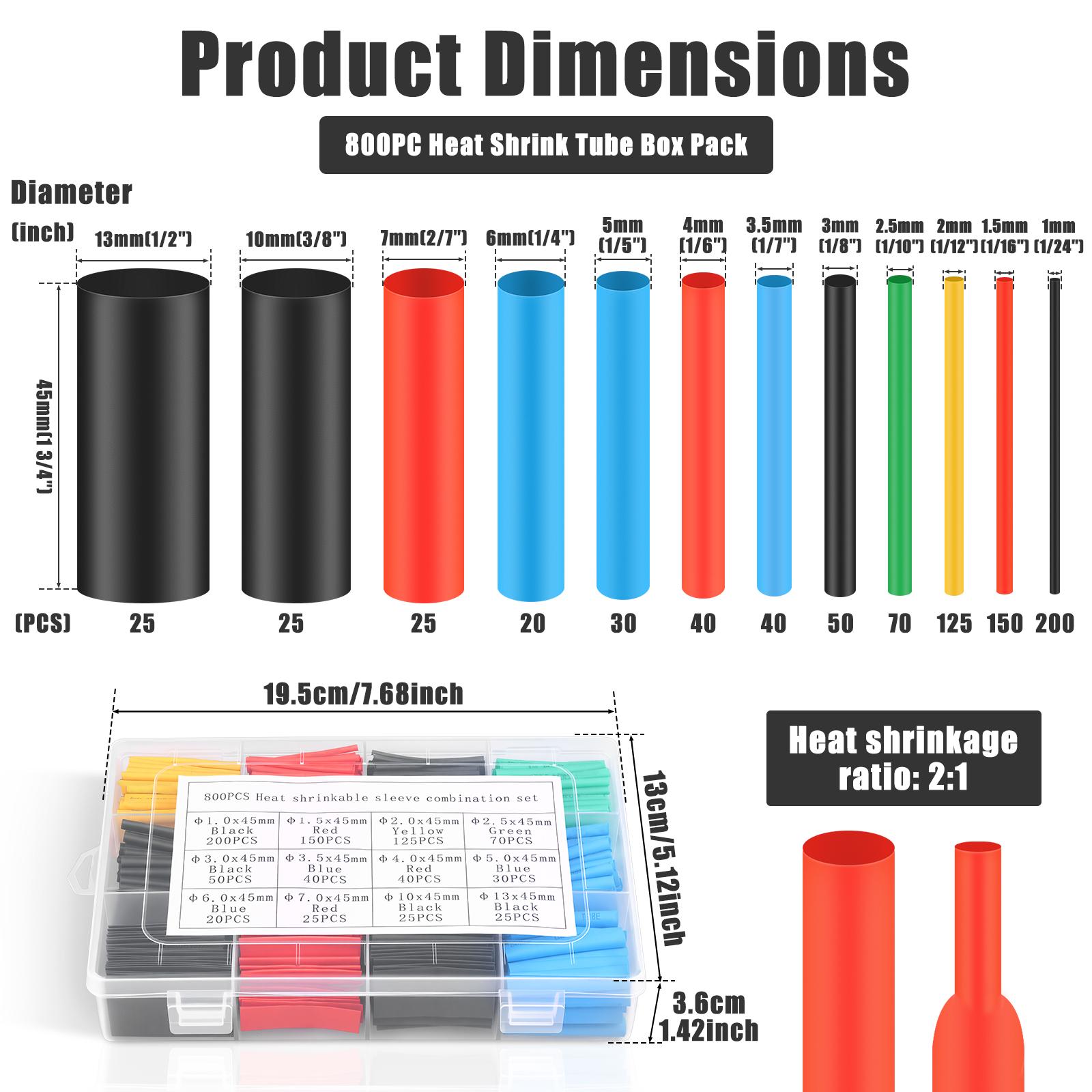 

800Pcs 2:1 Heat Shrink Tubing Kit Assorted Heat Shrink Tube Wrap Sleeve Set Tube Wrap Cable Wire Kit for Wire Repair Cable