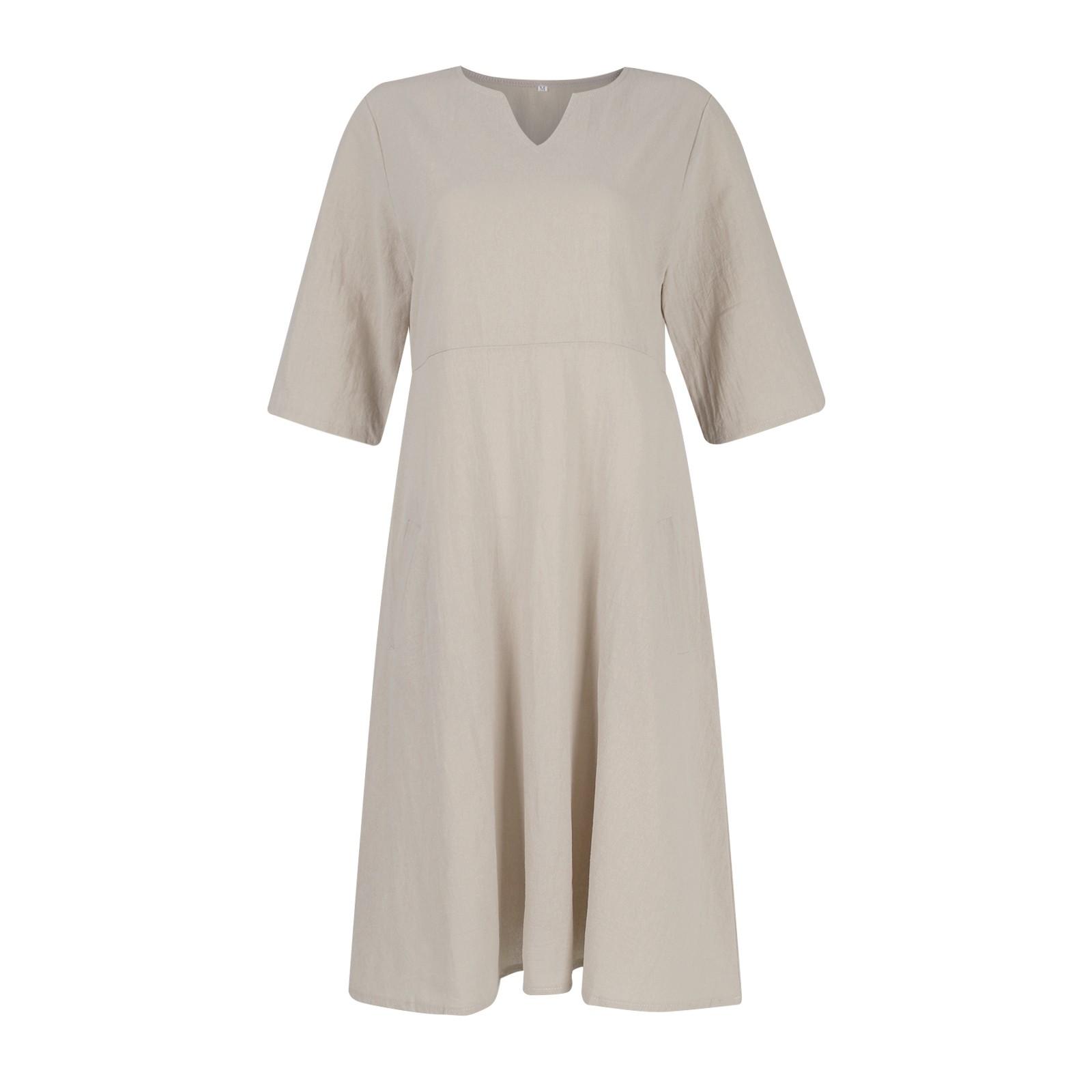 

Женское модное однотонное платье с v-образным вырезом из хлопка и льна с карманами и средними рукавами XL серый