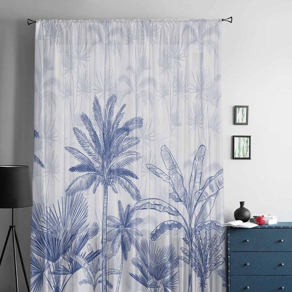 Summer Palm Trees Voile Sheer Curtains Living Room Window Tulle Curtain Kitchen Bedroom Drapes Home Decor
