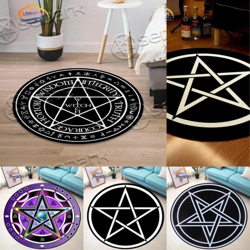 Round Magic Circle Carpet with Pentagram and Runes Black White Design Living Room Bedroom Decorative Rug Home Decoration
