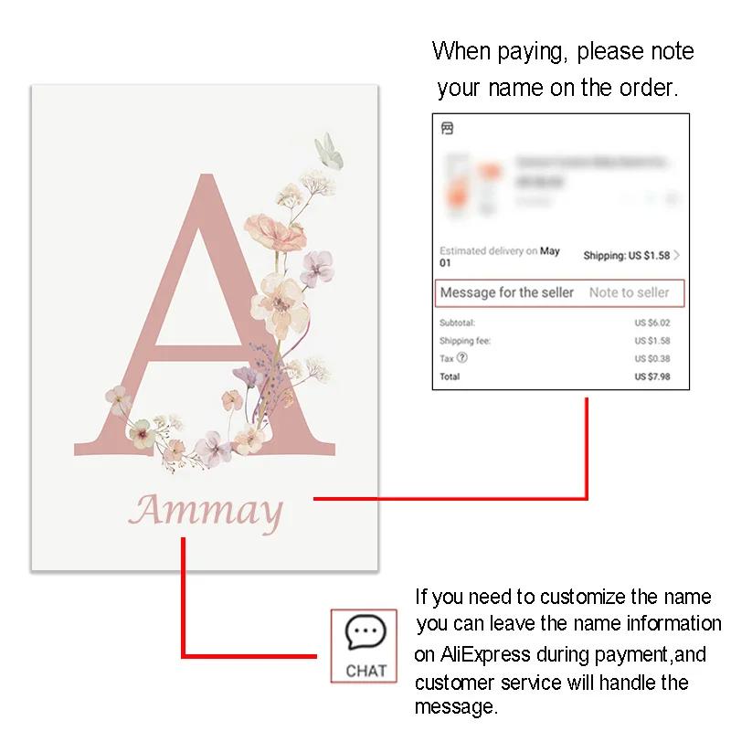 Personalized Name and Wildflower Canvas Painting Nursery Decoration Poster Picture Pink Floral Baby Girl Bedroom Wall Art Prints