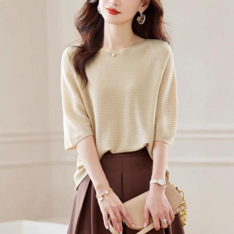 Crew neck medium sleeve T-shirt women's spring and summer new elegant style loose thin knitted sweater fashion pullover sweater women