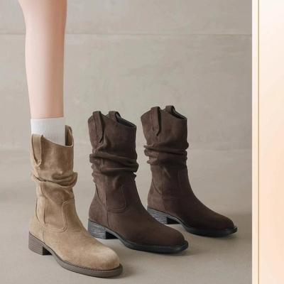 Pile Stiefel Damen Frühling und Herbst neu Maillard Western Cowboy Kurzstiefel Einzelstiefel Mittelstiefel Martin Stiefel