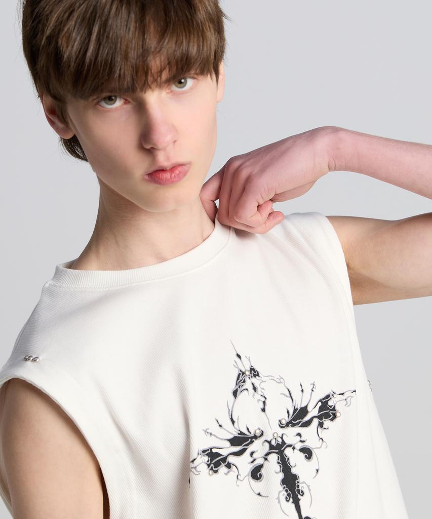 TENER Flower Studded Ribbed Sleeveless White