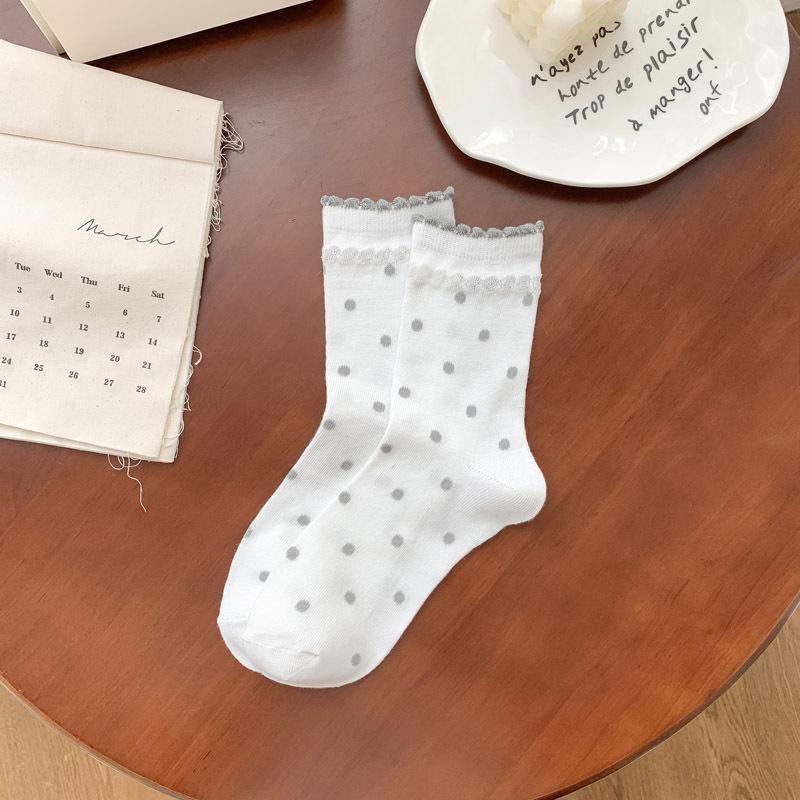 Women's Spring and Summer Thin Color Polka Dot Lace Bubble Mouth Tube Cotton Socks
