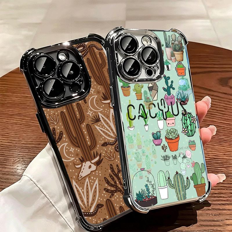Cactus Pattern Plating Phone Case For Iphone 16 17 Pro Max Air 16E 14 15 Plus 12 13 Mini Anti-Fall Airabag Cover