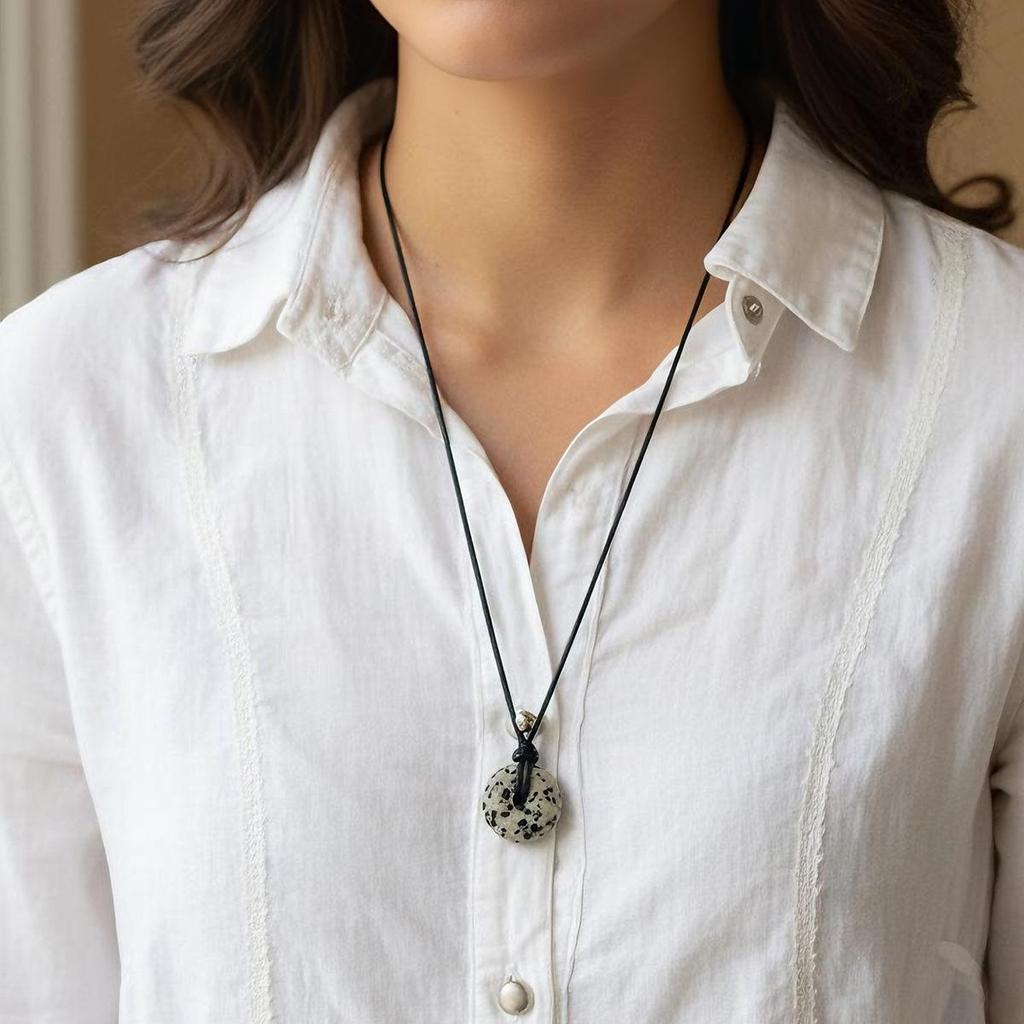 Green Aventurine Round Pendant Necklace with Leather Cord