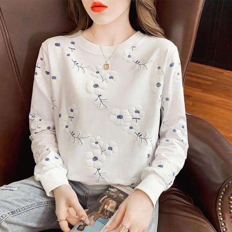 Sweatshirt New Thin Loose Long Sleeve T-Shirt Stylish Print Top Spring Autumn Round Collar Women's Cotton