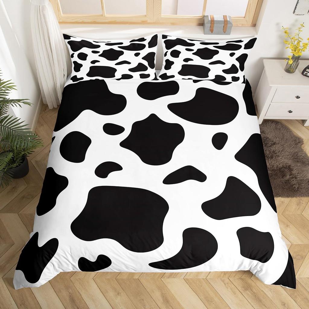 Cow Print Bedding Set King Size Kids Black White Duvet Cover Set Cartoon Milk Cow Comforter Cover Animal Farmhouse Quilt Cover