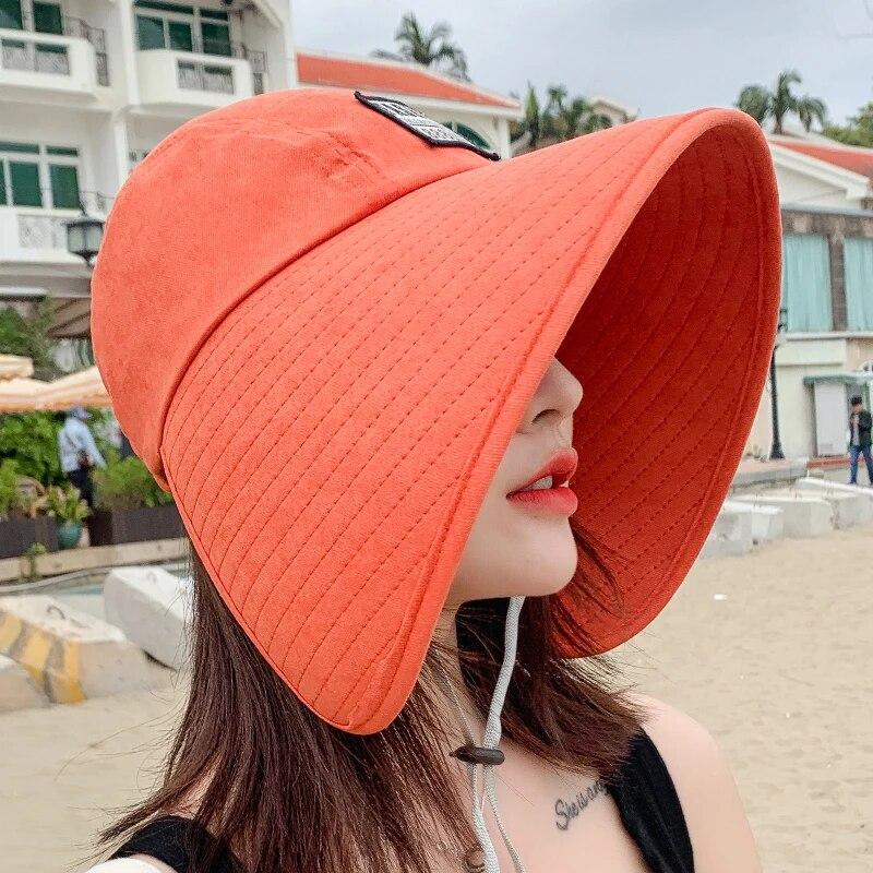 Women Summer Hat Big Brim Adjustable Anti-UV Protection Fisherman Hat Foldable Beach Sun Hats Empty Top Hat Ponytail Hat Travel