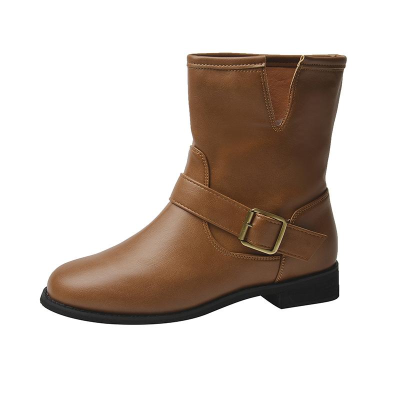 

2024 Корейська версія жіночих осінніх ретро чобіт на товстих підборах із круглою головою, лицарських чобіт на товстих підборах від Maillard, західних, з пряжкою та пряжкою 40 хакі