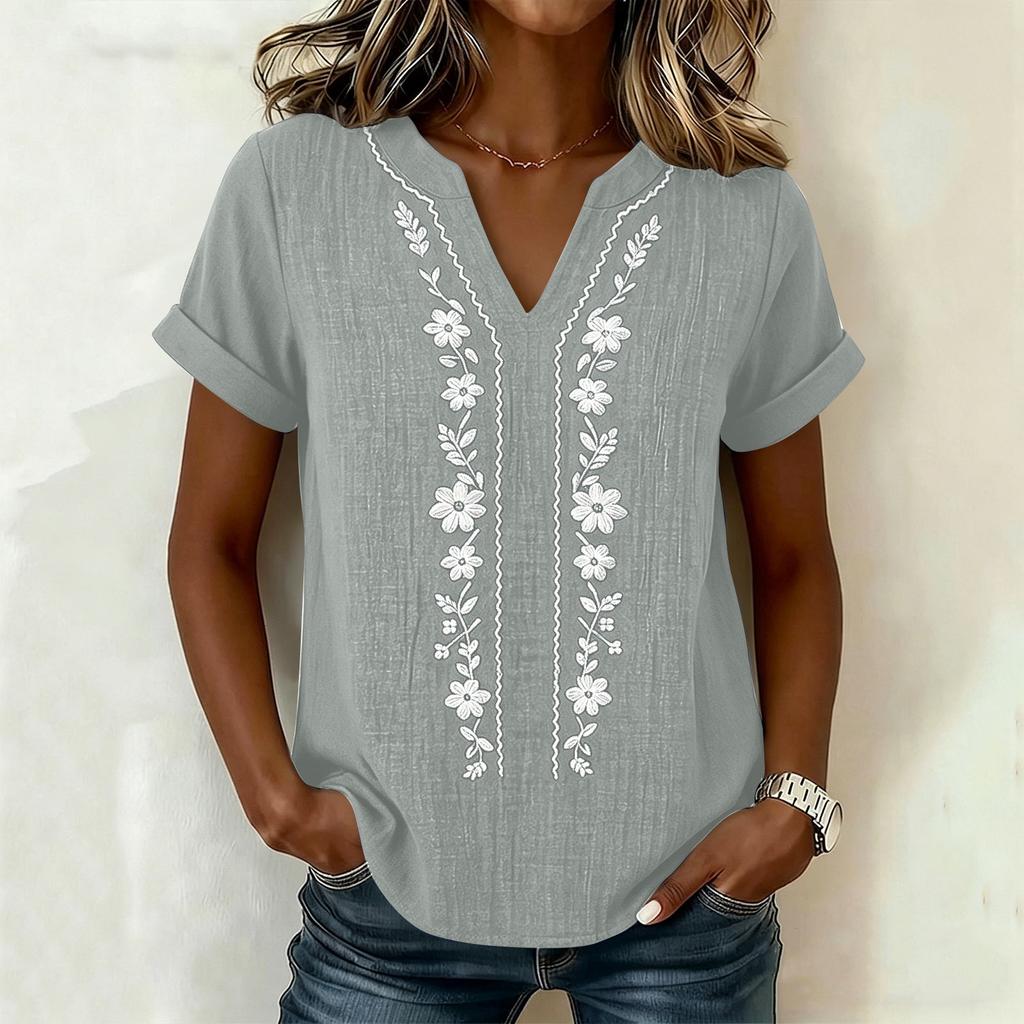 Women's V-Neck Embroidered Blouse - Short Sleeve, Casual Tunic Top for Summer, Business Casual Shirt