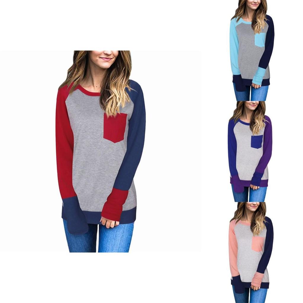 Stylish Casual Womens Long Sleeve Pocket Tshirt With Stitched Color Details