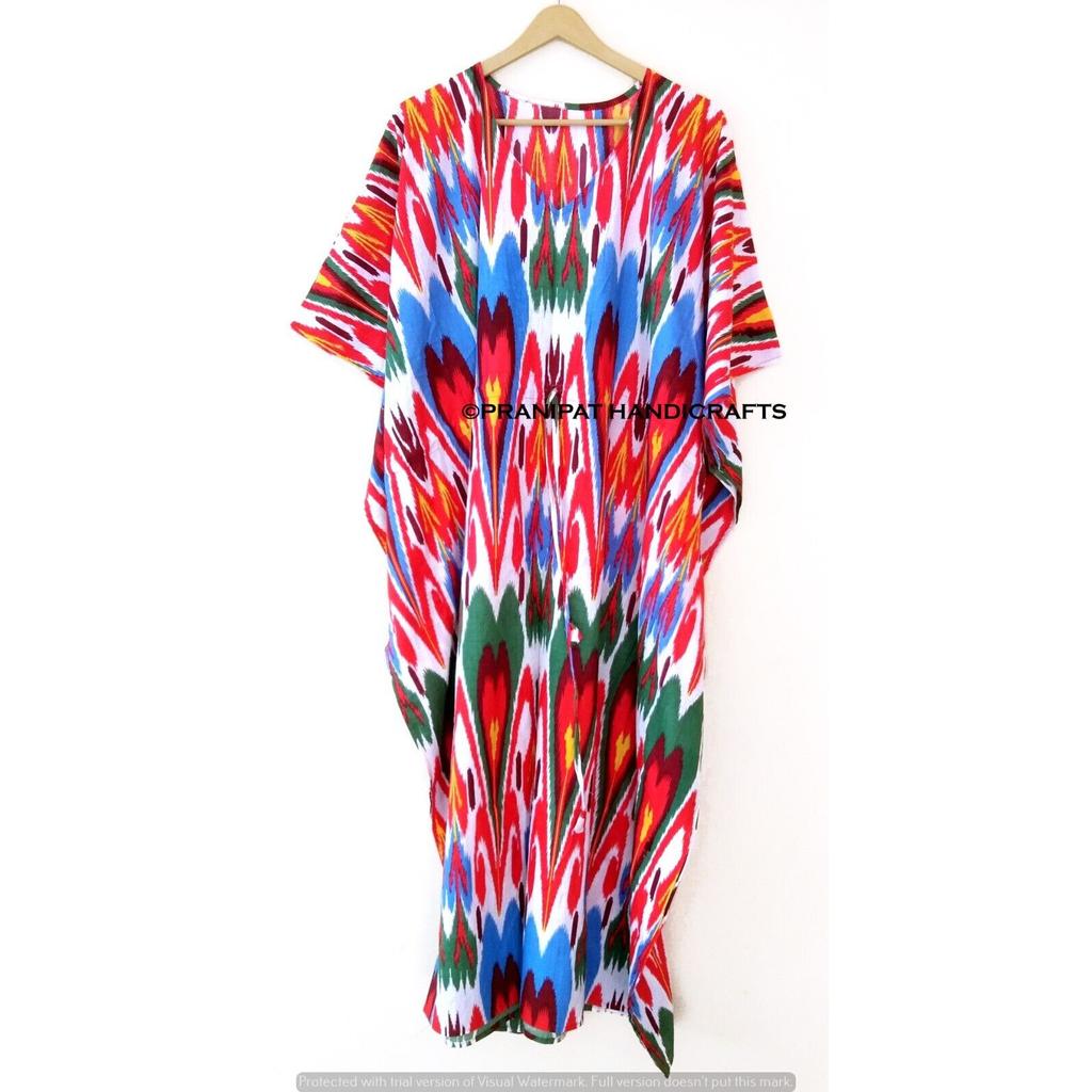 Women Hippie Cotton Summer Sleepwear Ikat Print Multi Long Maxi Caftan Dress CKFTN-SCRN-FULL-BUYIT-102