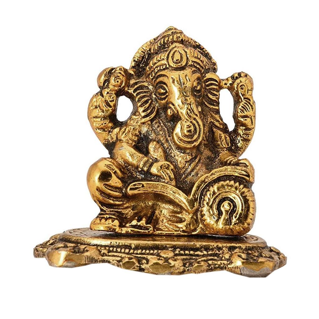 Designer Metal Lord Ganesha Statue Golden Brass Hindu God Ganesh Ganpati Sitting Idol Blessing Ganpati Sculpture for Home