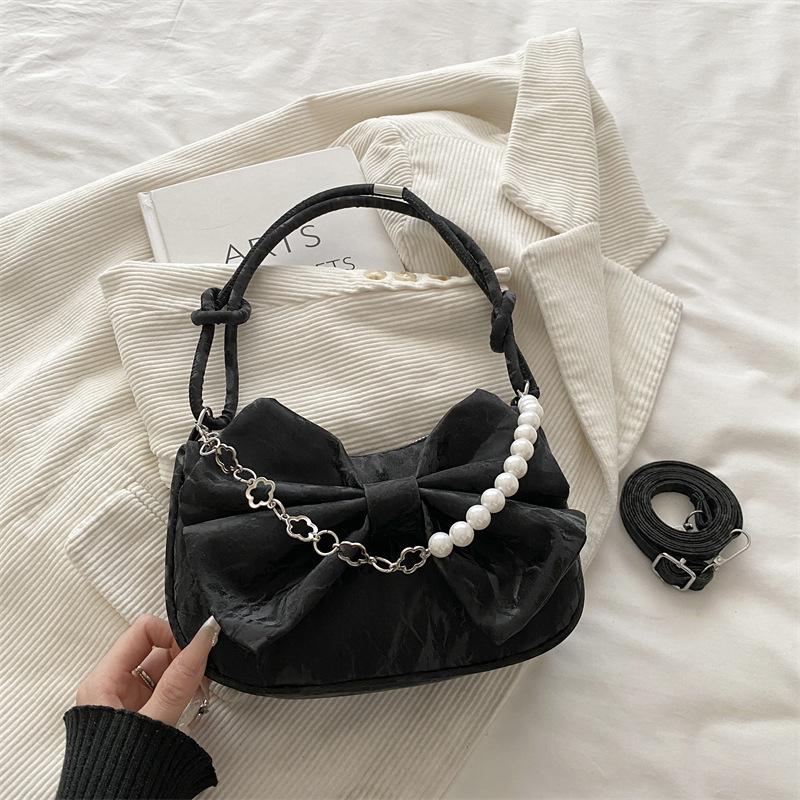 Sweet Bow Floral Women Shoulder Underarm Bags Simple Solid Color Ladies Crossbody Bag Versatile Portable Pearl Chain Handbag