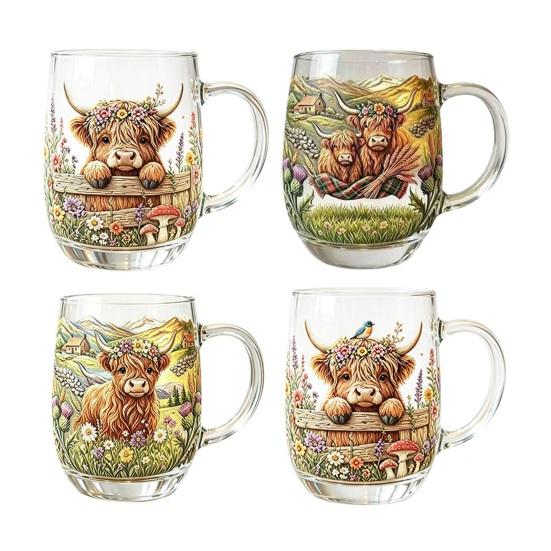 350ML Hand-painted Highland Cow Glass, Highland Cattle Coffee Mug with Handle, Heat-Resistant Tea Milk Water Drinking Cup