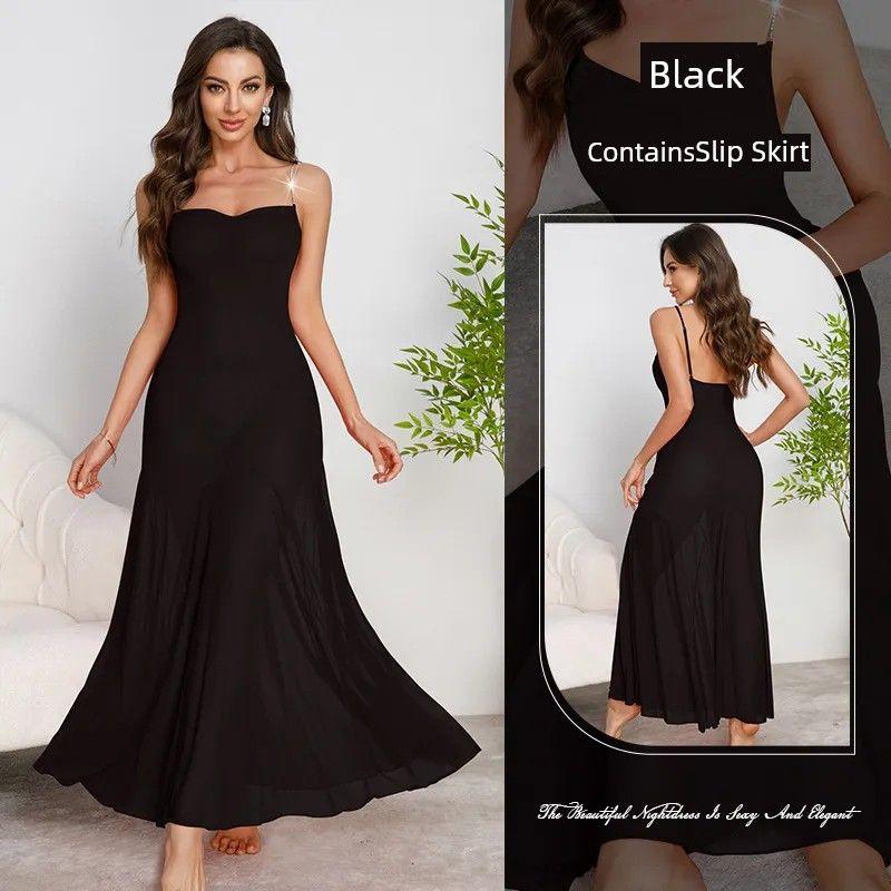 

2025 New Sexy Mesh Nightdress/Slim Fit Backless Long Dress Night Show Formal Swing Dress/Sexy Perspective Suspender Skirt Black L