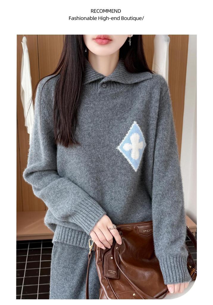 Women's Diamond Jacquard Wool Lapel Sweater - Thick, Warm, Long Sleeve Knitwear for Autumn/Winter